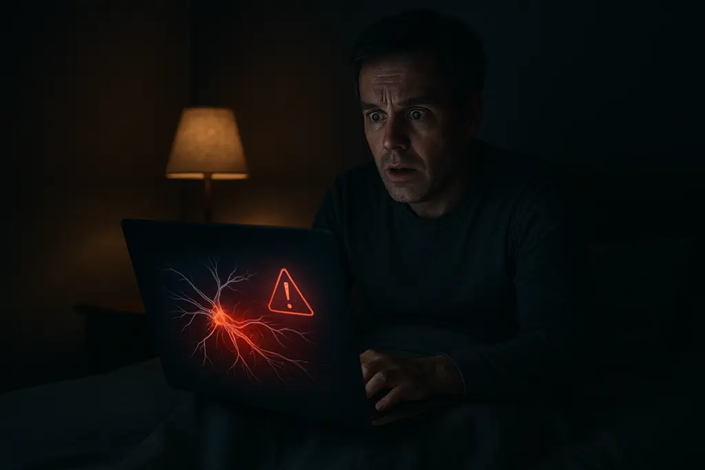 Person at night illuminated by a laptop screen, shocked and emotional after discovering that burning feet are a serious warning sign of hidden nerve damage.
