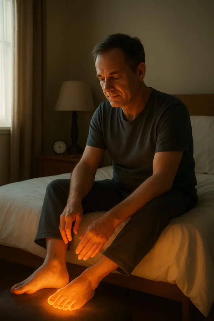 Person sitting on the edge of the bed at dawn, with feet glowing in soft golden light, symbolizing relief from burning pain and the return of peace and hope.